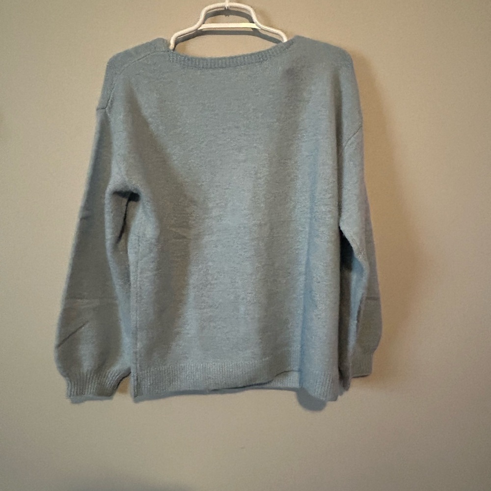 Soft Light Blue Women’s Med Glittery   Ribbon Low Cut Back Oversized Sweater Top